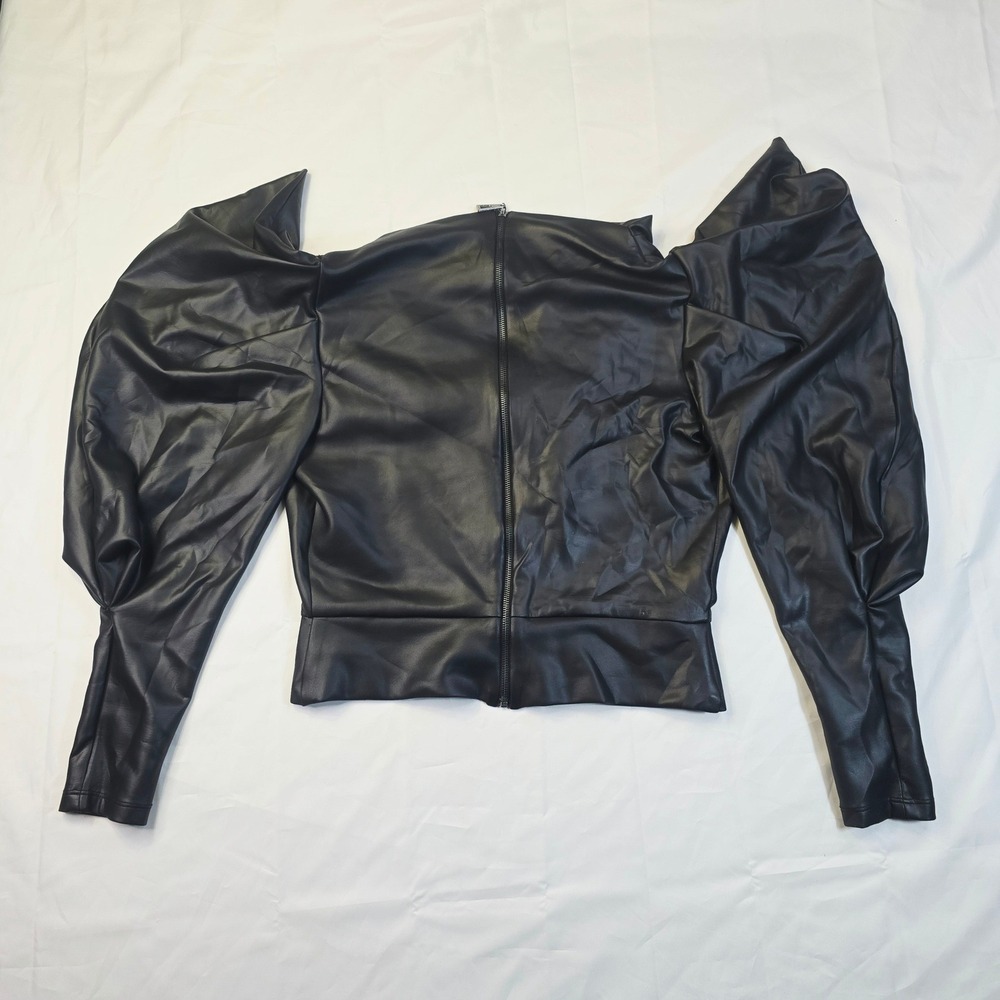 Caraclan Women's Large Black Faux Leather Puff Sleeve Zip Top A41